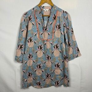 Boden Women LongSleeve Linen Shift Mini Dress Sz 6R Pineapples Beachy Breathable